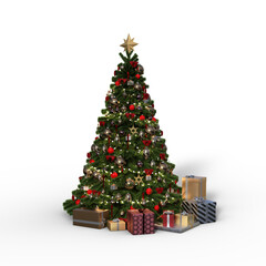 3D rendering of a Christmas tree decorated with baubels and tinsel with lights, a star on top and presents on the floor isolated on a white background.