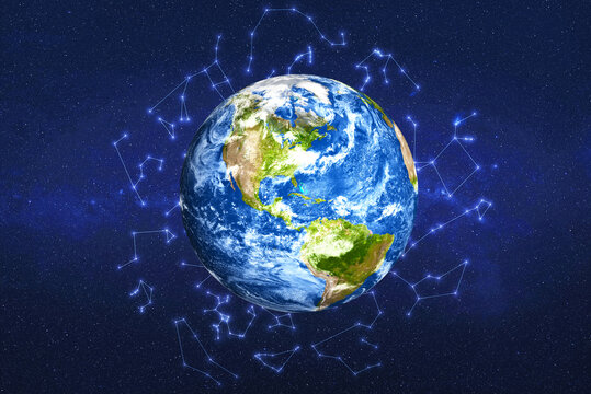 Planet Earth in the space with zodiac constellations on the background. North and south America. Blue planet. 3D Render illustration . Elements of this image were furnished by NASA