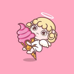 cute cartoon angel with big ice cream. vector illustration for mascot logo or sticker