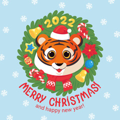 Christmas greeting card with tiger cartoon character 2022 simbol,  christmas wreath decorated and lettering. Winter holidays, new year selebration. Cute tiger decoration