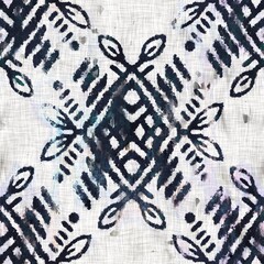 Seamless grungy tribal ethnic rug motif pattern. High quality illustration. Distressed old looking native style design in high contrast navy and white colors. Old artisan textile seamless pattern. - 468270332