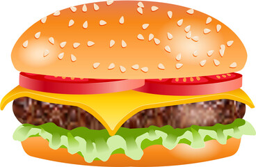 Hamburger with cheese and tomato, vector illustration