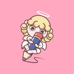 cute cartoon angel writing with big pencil. vector illustration for mascot logo or sticker