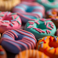 Donats from sugar paste. Multi-colored sugar art cakes. Different types of colorful Donats decorated sprinkles and icing. Cake art concept image