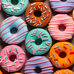 Donats from sugar paste. Multi-colored sugar art cakes. Different types of colorful Donats decorated sprinkles and icing. Cake art concept image