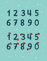 Numbers with snow and red Santa Claus hat. Festive font for Christmas, New Year and congratulations for winter holidays