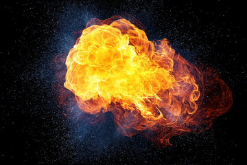 Realistic fiery explosion with sparks and smoke isolated on black background - obrazy, fototapety, plakaty