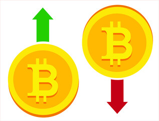 Bitcoin rises and falls in value vector illustration Bitcoin and blockchain concept, rise and fall of bitcoin price