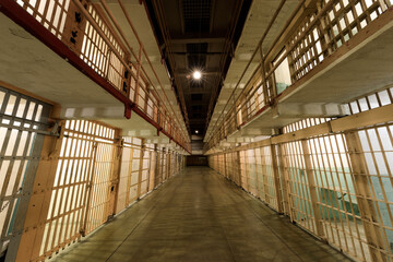 Broadway, the main corridor of the cellhouse dividing B and C Blocks of Alcatraz Prison at Alcatraz...