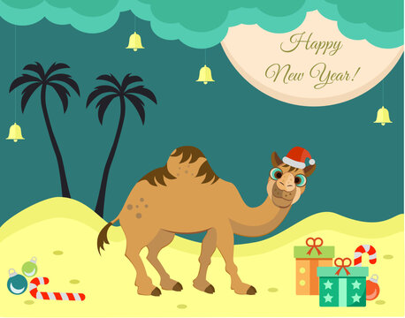 New Year Vacations in desert with camel and presents