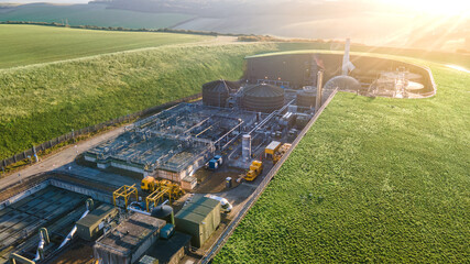 Aerial view ofwater treatment plant, refinery, close to Brighton, Peacehaven, East Sussex, UK