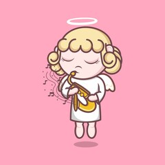 cute cartoon angel playing sexophone. vector illustration for mascot logo or sticker