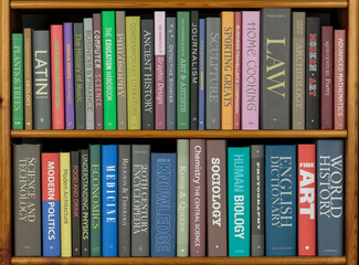 Book shelves with a wide variety of text books.
(all book covers have been fabricated for this image)