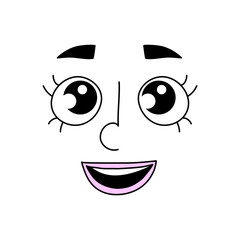Laughing cartoon emoji. Doodle surprised, excited facial expression. Happy smiling widely comic character face clip art isolated on white. Positive emotion, feeling, mood.Social media reaction sticker