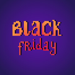 Pixel art Black Friday sale banner with orange to red gradient text on purple background. Discount brochure. Price drop flyer. Shopping coupon. Retro 2d computer, video game, slot machine graphics.