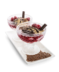 Tasty dessert with flax seeds and yoghurt in glasses on white background