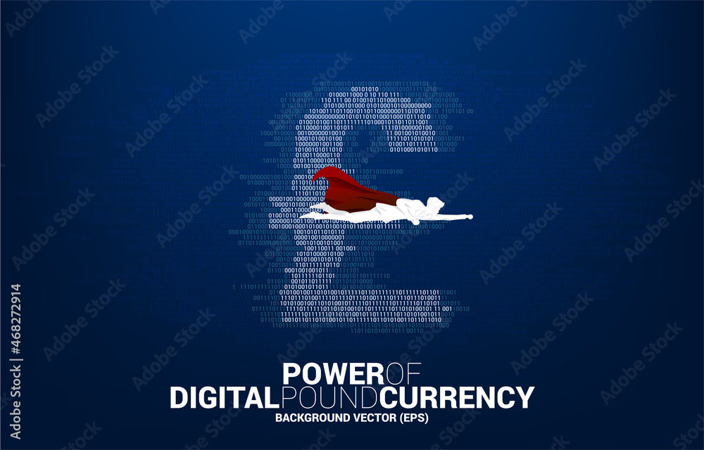 Aufkleber Silhouette of man in superhero suit flying with pound sterling currency money with one and zero binary code digit matrix style. Background Concept for electronic money and digital banking