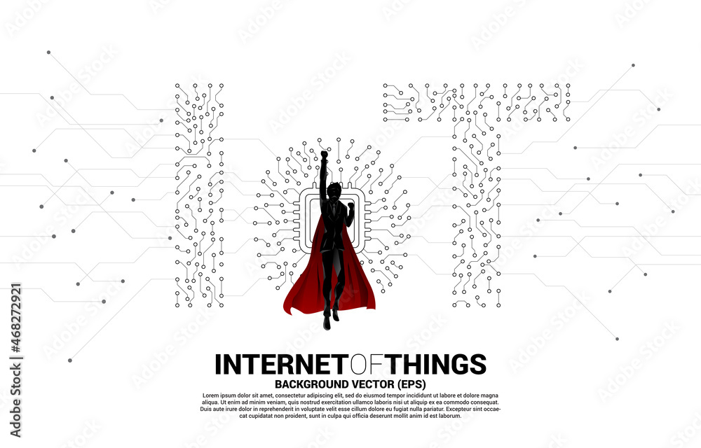 Poster Silhouette of man in superhero suit flying with CPU processor on center of IoT wording from Circuit dot and line graphic style. Concept for internet of Things Technology.