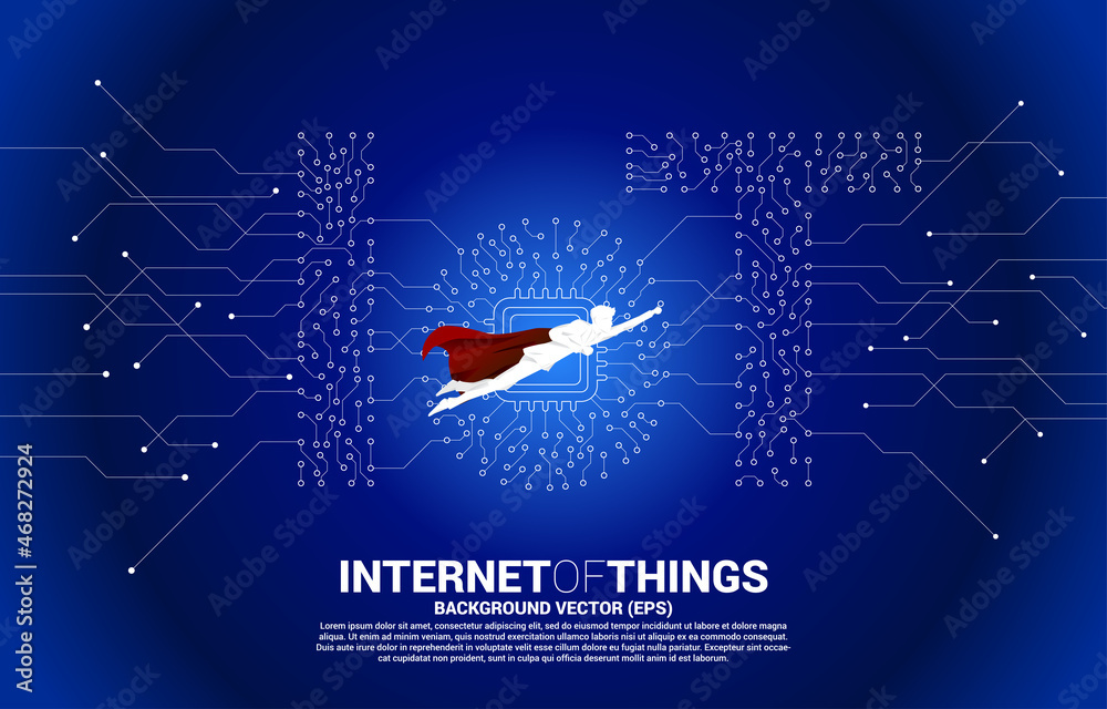 Poster Silhouette of man in superhero suit flying with CPU processor on center of IoT wording from Circuit dot and line graphic style. Concept for internet of Things Technology.