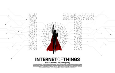 Silhouette of man in superhero suit flying with CPU processor on center of IoT wording from Circuit dot and line graphic style. Concept for internet of Things Technology.