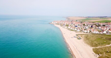 Fototapeta na wymiar aerial view along the coastline and the beach plage d'audresselles to Audresseles, Opal Coast, Pas-de-Calais, Hauts-de-France, France