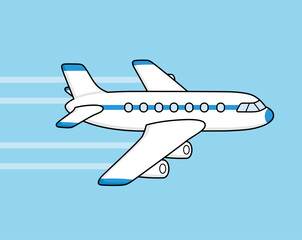 White jet passenger airplane airliner with contrail trace flying in blue sky cartoon vector illustration