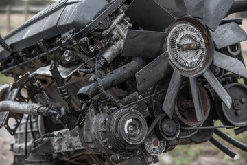 Modern engine removed from the car with ancilares visible, fan, belt, alternator
