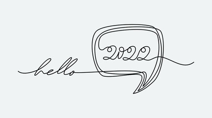Hello new year 2022 logo text design. 2022 year number one continuous line drawing. Vector illustration with black lines isolated on white background