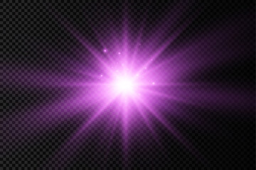 Obraz premium Purple glowing light star, violet burst sun rays.