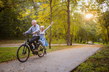 Cheerful mature couple riding bicycles in park