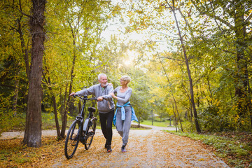 Cheerful active senior couple with bicycles walking through park together. Perfect activities for elderly people.