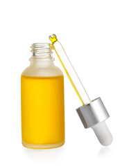 Bottle of essential oil with dropper on white background