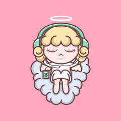 cute cartoon angel relaxing listening to music. vector illustration for mascot logo or sticker