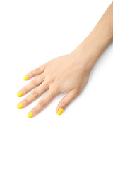 Female hand with beautiful bright manicure on white background