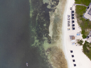 Aerial view. White sandy beach and ocean polluted with algae and debris. Global environmental and social problems, climate change, environmental protection. Abstraction. Minimalism.