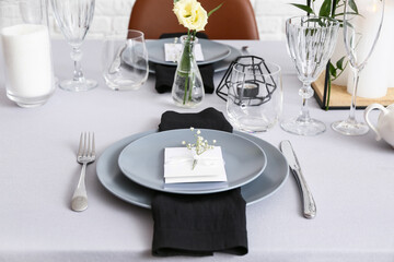 Beautiful table setting for wedding celebration in restaurant