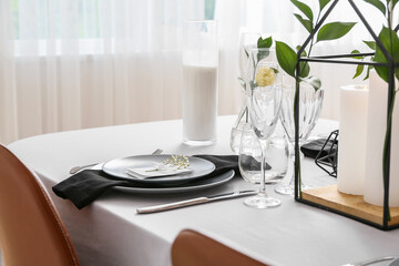 Beautiful table setting for wedding celebration in restaurant