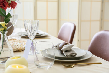 Beautiful table setting for wedding celebration in restaurant