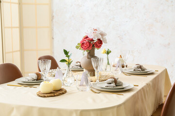 Beautiful table setting for wedding celebration in restaurant