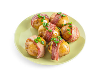 Plate of tasty baked potatoes with bacon on white background