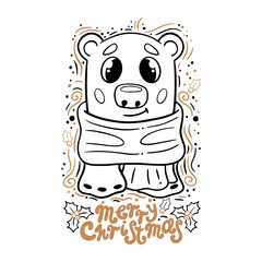 Doodle christmas bear in vector. Idea for design of cards, background, pattern, set or childrens illustration.