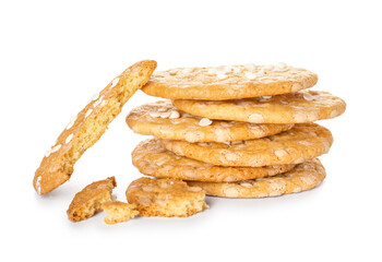 Delicious broken cookies with chocolate chips on white background