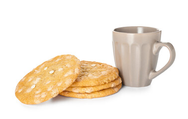 Delicious cookies with chocolate chips and cup of coffee on white background