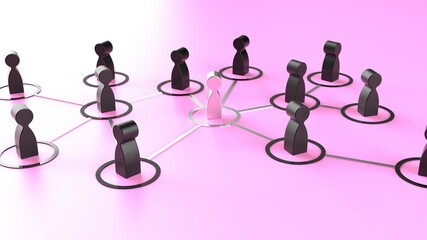 Chain of black human figurines connected by silver lines. Cooperation and interaction between people and employees. Dissemination of information in society, rumors. Social contacts. 3D illustration.