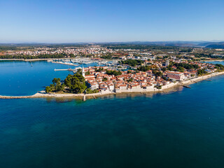 Aerial view of Novigrad town facing the Adriatic Sea in Istria, Croatia.