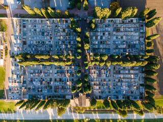 Aerial view of a small cemetery surrounded with cypresses in Aquileia, Udine, Friuli Venezia...