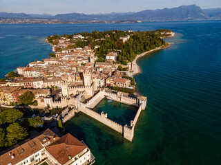 Aerial view of Castello Scaligero (Scaligero Castle), an ancient fortress along Sirmione coastal, Lombardy, italy.