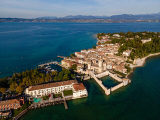 Aerial view of Castello Scaligero (Scaligero Castle), an ancient fortress along Sirmione coastal, Lombardy, italy.