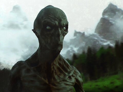 Alien on the background of mountains and forest. Artistic work