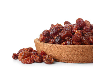 Bowl with sweet raisins on white background, closeup